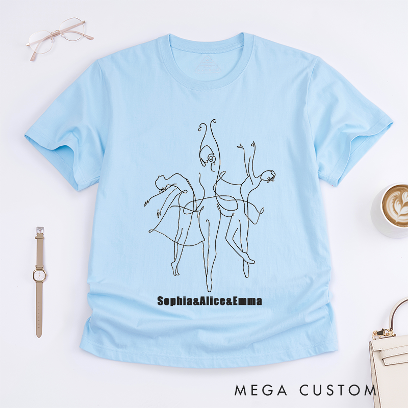 Personalized Ballet Dancers Line Art T-Shirts Custom Name Artistic Dance Outline Gift for Women Unique Minimalist Ballerina Drawing Shirt