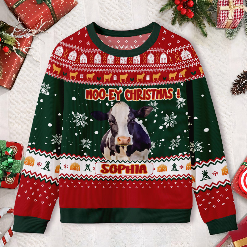 Personalized Cow with Christmas Lights Photo Kids Ugly Christmas Sweater  
