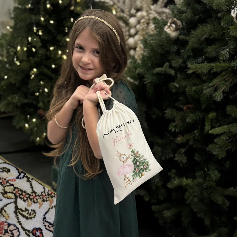 Personalized Christmas Tree Cute Pink Rabbit Santa Sack Gift Bag with Name Christmas Party Favors