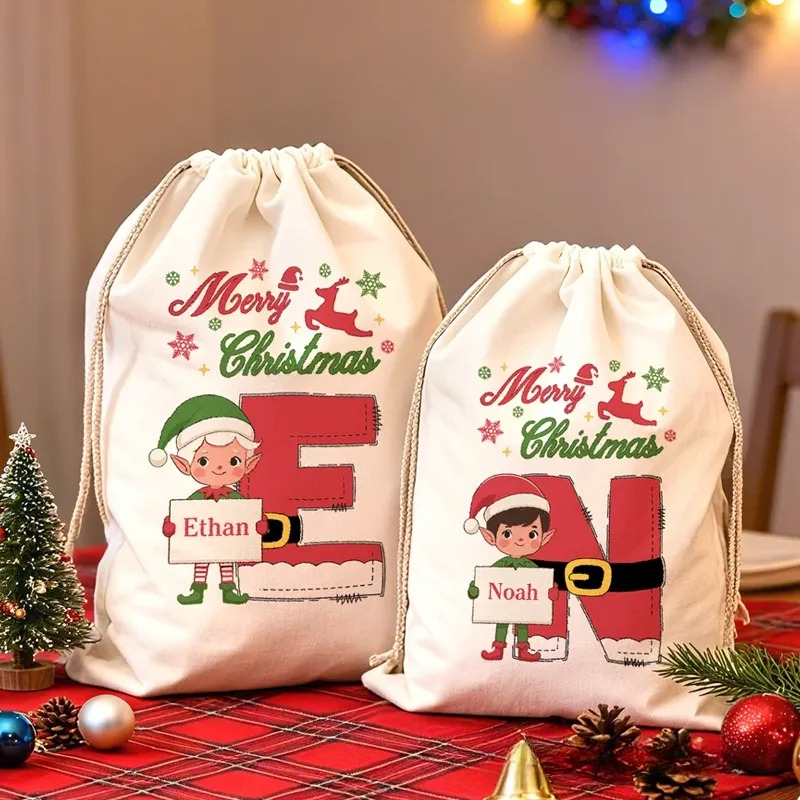 Personalized Christmas Elf Drawstring Canvas Gift Bag with Name and Initial Christmas Party Gift 