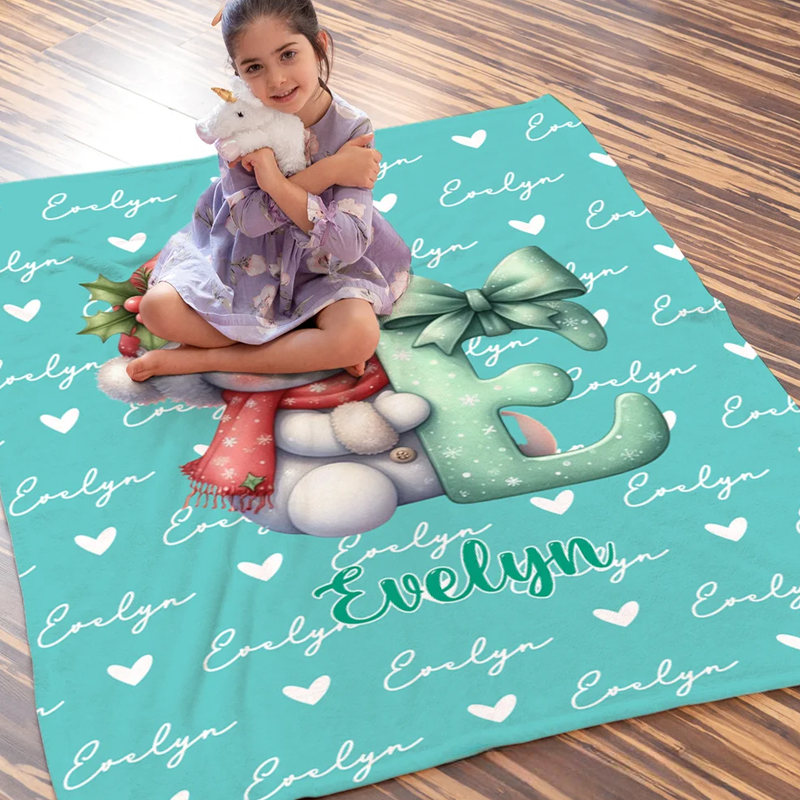 Personalized Santa Hat Snowman Initial Word Cloud Soft Throw Blanket with Name Home Decor Christmas Gift