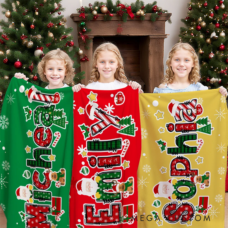 Personalized Christmas Reindeer Santa Claus Christmas Name Soft Throw Blanket Home Decor Christmas Party Gift 
