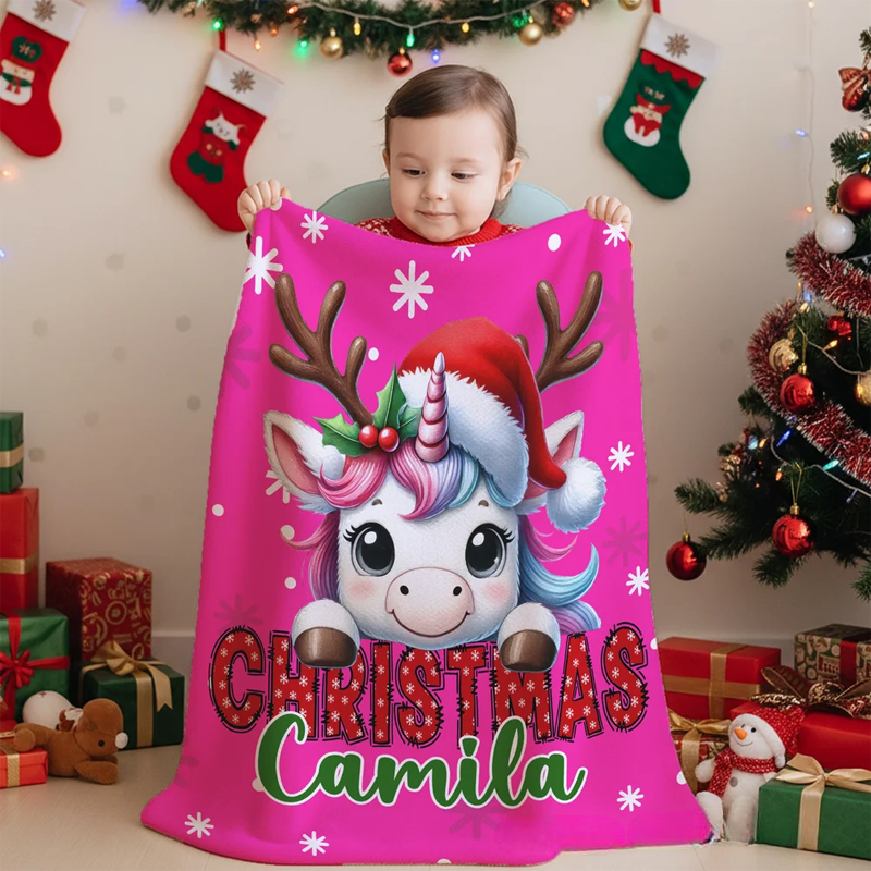 Personalized Santa Hat Deer Dream Horse Cute Animal Soft Throw Blanket with Name Christmas Gift