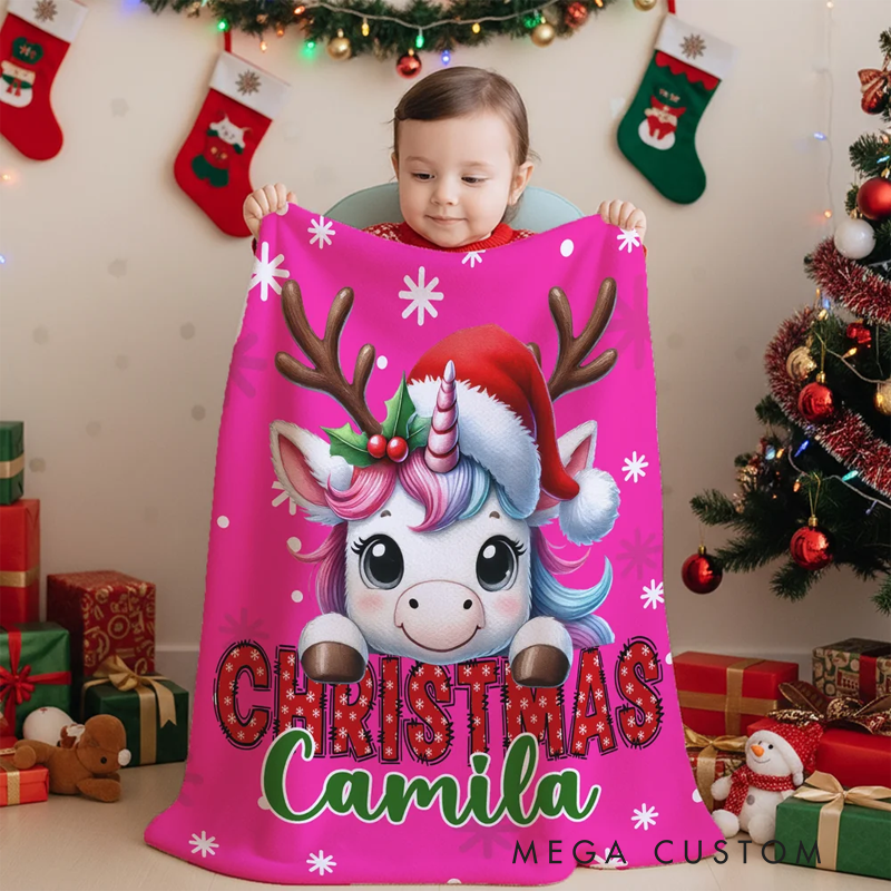Personalized Santa Hat Deer Fantasy Unicorn Cute Animal Soft Throw Blanket with Name Christmas Gift