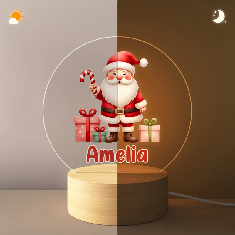 Personalized Cartoon Santa Claus Acrylic LED Night Light with Name and Wooden Base Room Decor Christmas Gift for Kid Baby