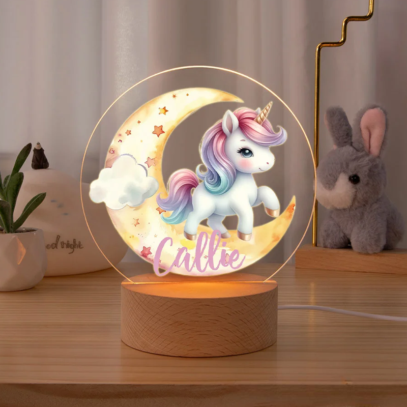 Personalized LED Night Light with Name Dream Horse Baby Pattern Room Decoration with Wooden Base Christmas Birthday Baby Shower Gift for Girl