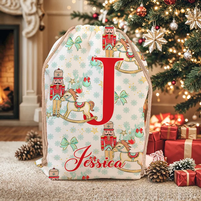 Personalized Christmas Tree Cartoon Nutcracker Canvas Drawstring Gift Bag with Name and Initial Christmas Gift 