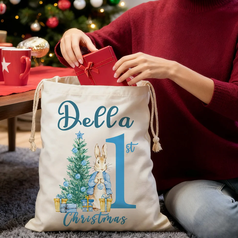 Personalized First Christmas Santa Claus Peter Rabbit Drawstring Canvas Gift Bag with Name Christmas Gift for Baby Family