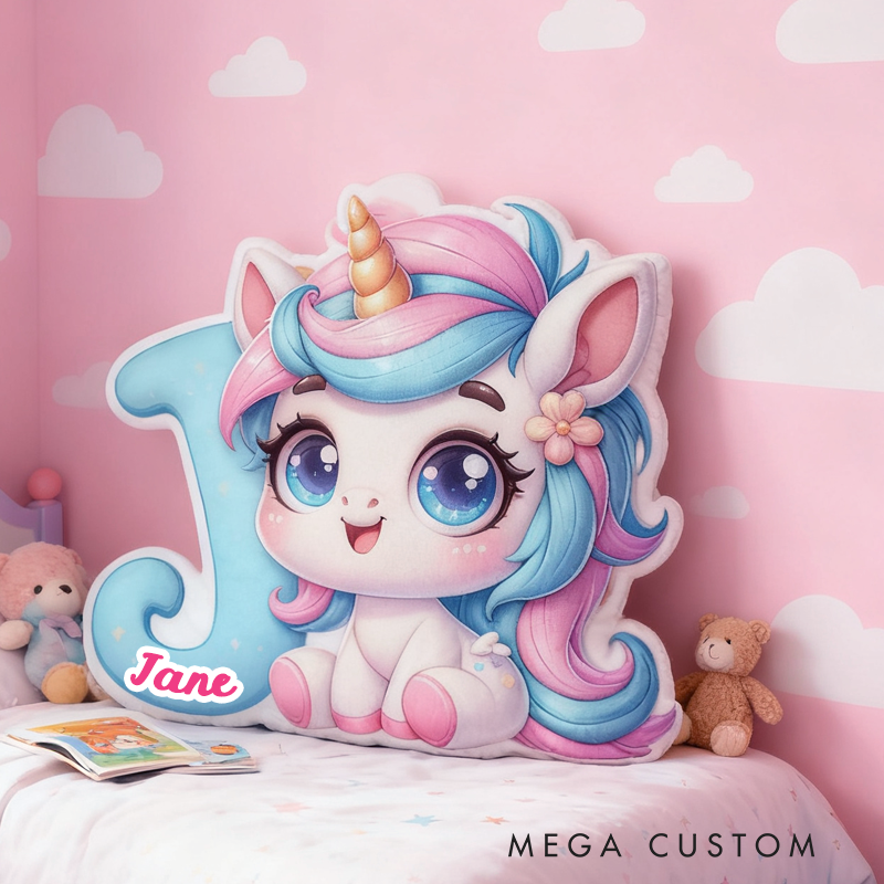 Personalized Cartoon Cute and Cheerful Unicorn Initials with Name Graphic 3D Print Pillow Christmas Gift for Kids 
