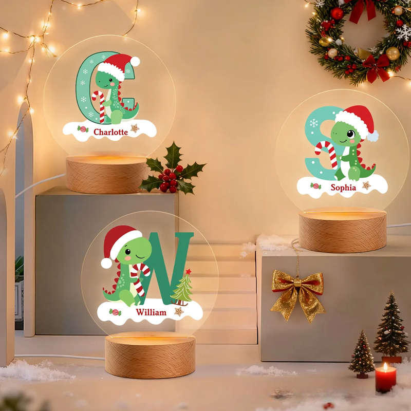 Personalized Santa Hat Dinosaur Initial LED Night Light with Name and Wooden Base Home Decor Christmas Gift for Kids