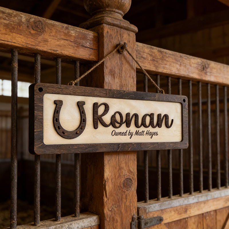 Personalized Horse Stall Name Sign Custom Wooden Stable Sign with Horseshoe and Horse Head for Equestrian Lovers