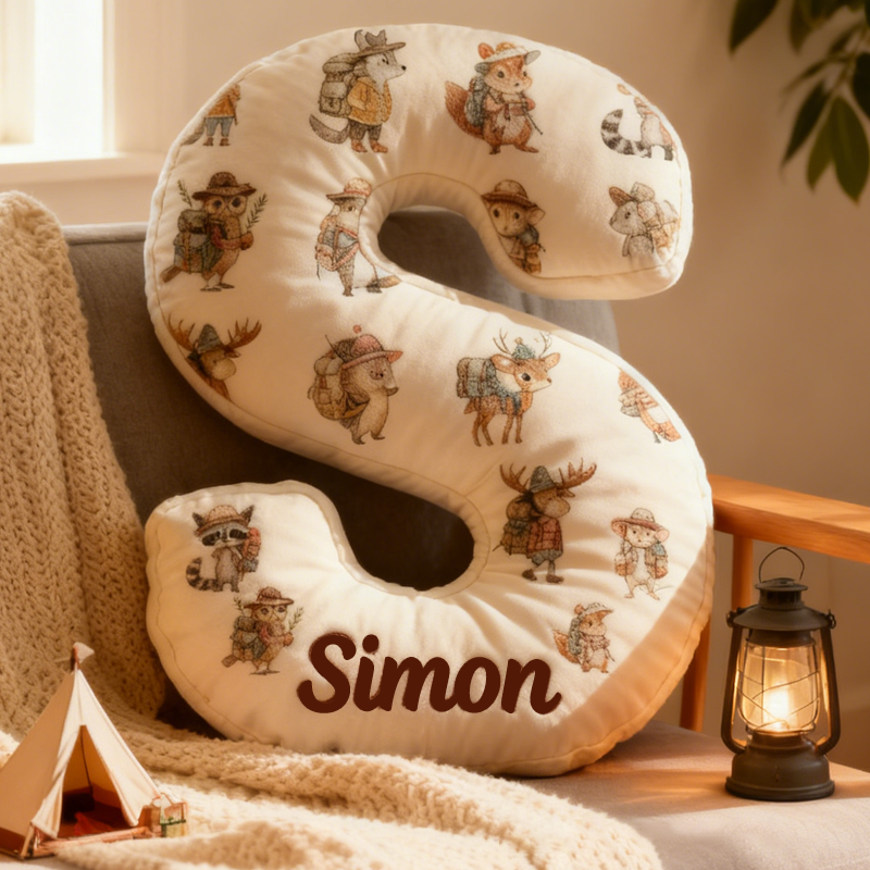 Personalized Woodland Adventure Custom Initial Pillow Cute Animals Happy Camper Forest Animal Pillow Gifts for Hiking Camp Lover