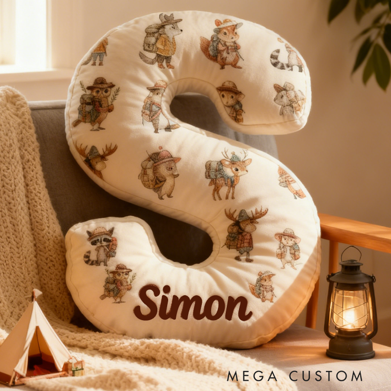 Personalized Woodland Adventure Custom Initial Pillow Cute Animals Happy Camper Forest Animal Pillow Gifts for Hiking Camp Lover