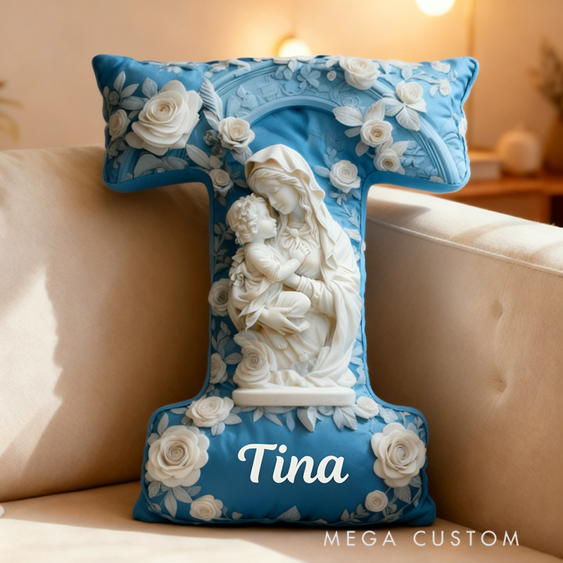 Personalized Madonna and Child White Roses Relief Style Letter Pillow with Name Graphic 3D Print Catholic Home Decor Our Blessed Virgin Mary Gift