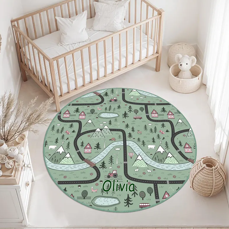 Personalized Mountain Forest Adventure Kids Room Rug Green Woodland Round Kids Rugs Road Child Playroom Mat Outdoor Lovers Gift