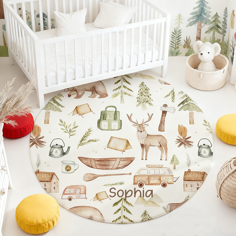 Personalized Woodland Camping Round Rug Kids Playroom Decor Mountain Forest Adventure Kids Room Rug Outdoor Lovers Gift