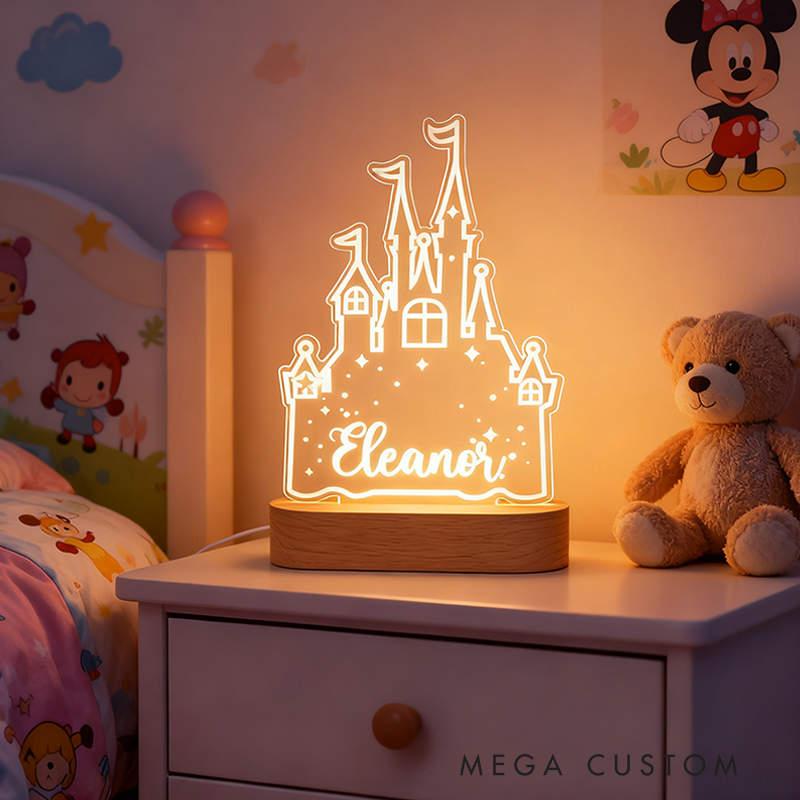 Personalized Cartoon Princess Castle Name Acrylic LED Night Light with Wooden Base Home Decor Birthday Children's Day Gift for Daughters Girls