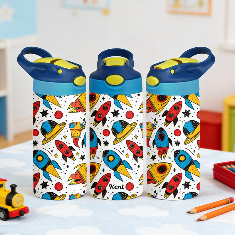 Personalized Rocket Tumbler 12 Oz Kid Insulated Name Water Bottle with Handle and Silicone Straw Space Enthusiasts Gift