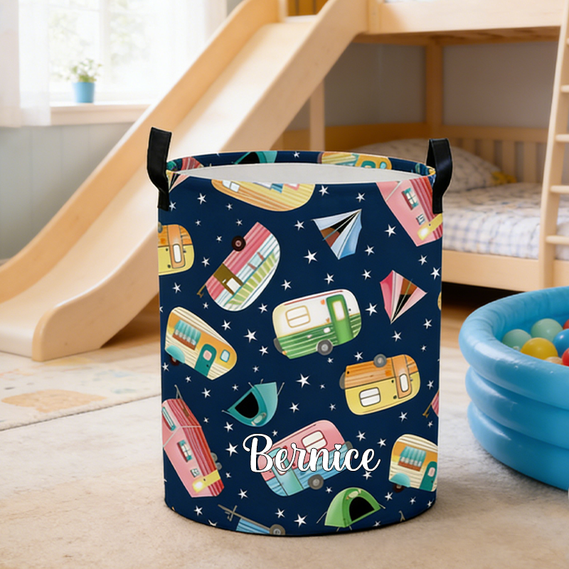 Personalized Camper Themed Laundry Storage Basket Retro Camper Basket Basket with Name Gifts for Kid Outdoor Camping Lover