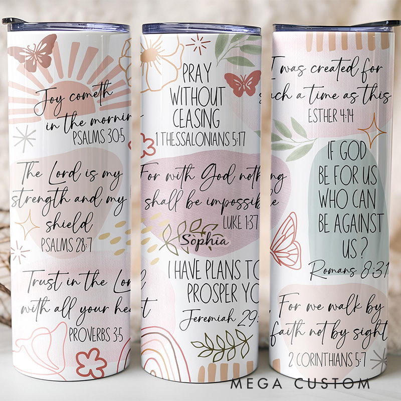 Personalized Bible Verse 20oz Skinny Tumbler with Lid and Straw Custom Name Tumbler with Scripture Faith Based Cup for Christian Religious Gift