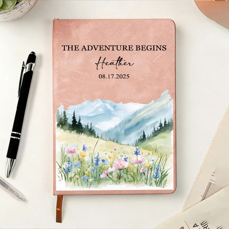 Personalized Scenic Adventure Journal Hiking Watercolor Landscape Notebook Meadow Floral Nature Journal Outdoor Adventurers Lover Gift