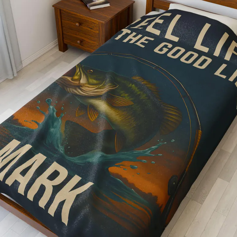 Personalized Fishing Blanket Reel Life Is the Good Life Custom Name Blanket for Dad Fisherman Gift Bass Fish Throw Lake Cabin Decor