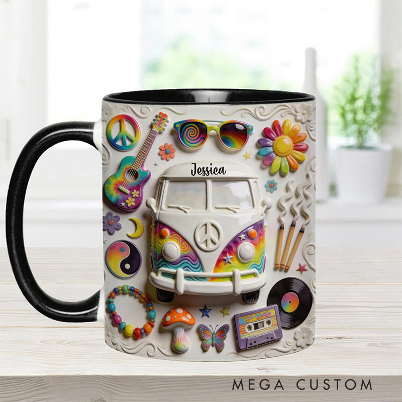 Personalized 2D Flat Hippie Love Hope Peace Mug Custom Name Colorful Hippie Car Hippie Coffee Mug Bohemian Coffee Mug