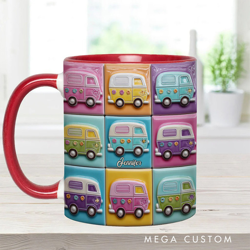 Personalized 2D Flat Hippie Caravans Mug Custom Name Colorful Hippie Car Hippie Coffee Mug Bohemian Coffee Mug