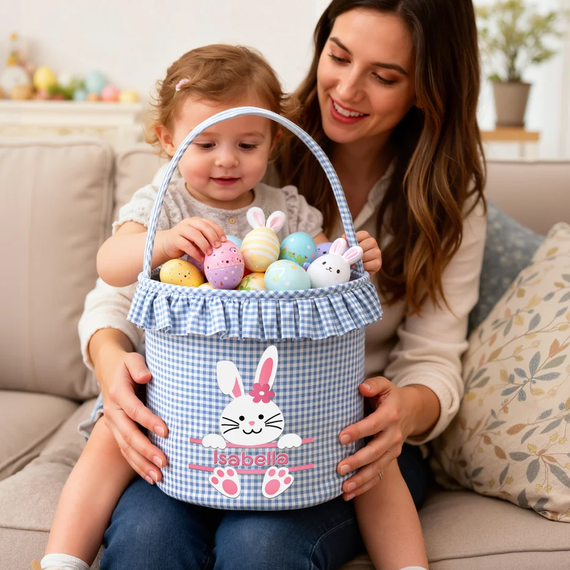 Personalized Cute Bunny Plaid Easter Basket with Name Easter Eggs Hunting Easter Day Gift for Boys Girls