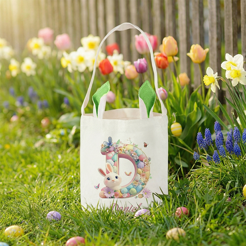 Personalized Name Rabbit Easter Eggs 3D Pink Alphabet Bucket Bag with Bunny Ears Cotton Linen Easter Egg Hunt Basket Easter Gift for Kids Boys Girls