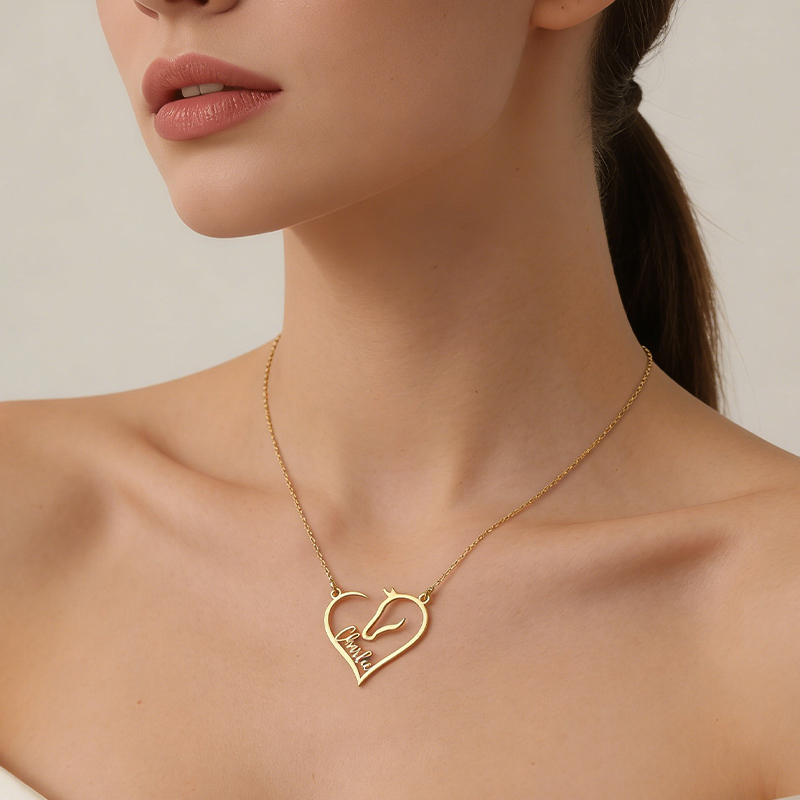 Personalized Heart Horse Head Necklace Custom Name Equestrian Jewelry for Horse Lovers