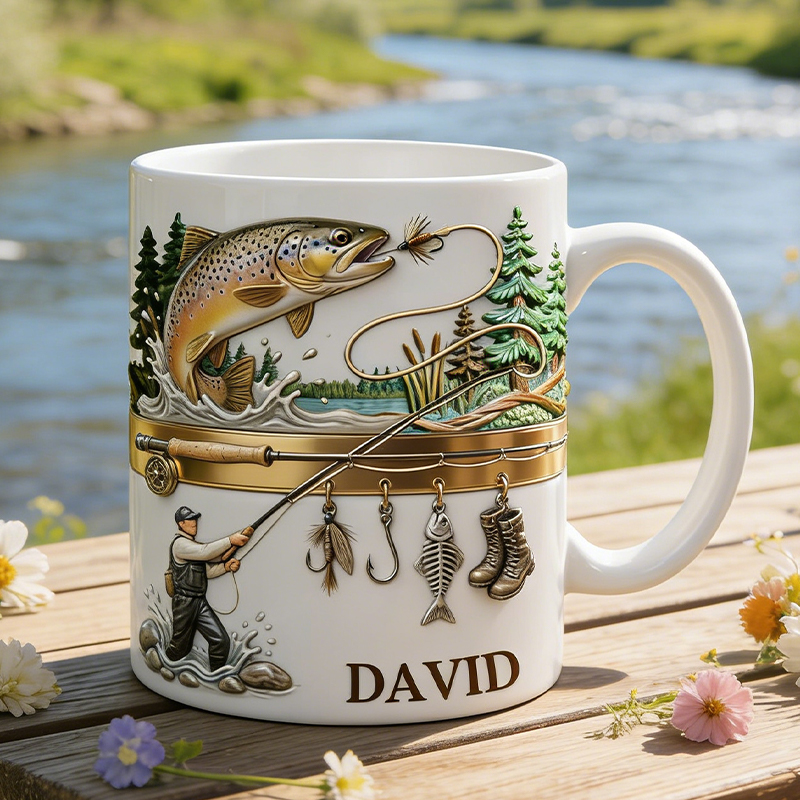 Personalized Fisherman and Fishing Gear Mug with Custom Name Tea Cup for Dad Grandpa or Fishing Lovers