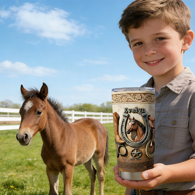 Personalized Cowboy Boot and Horse Tumbler Custom Name Insulated Tumbler for Horse Riders and Cowgirls