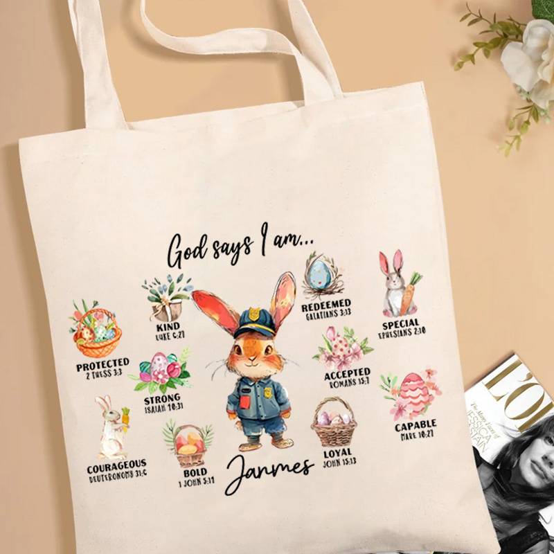 Personalized Rabbit Dream Job Cute Bunny God Said I Am Bible Tote Bag with Name and Canvas Pocket Easter Birthday Christian Gift for Christians