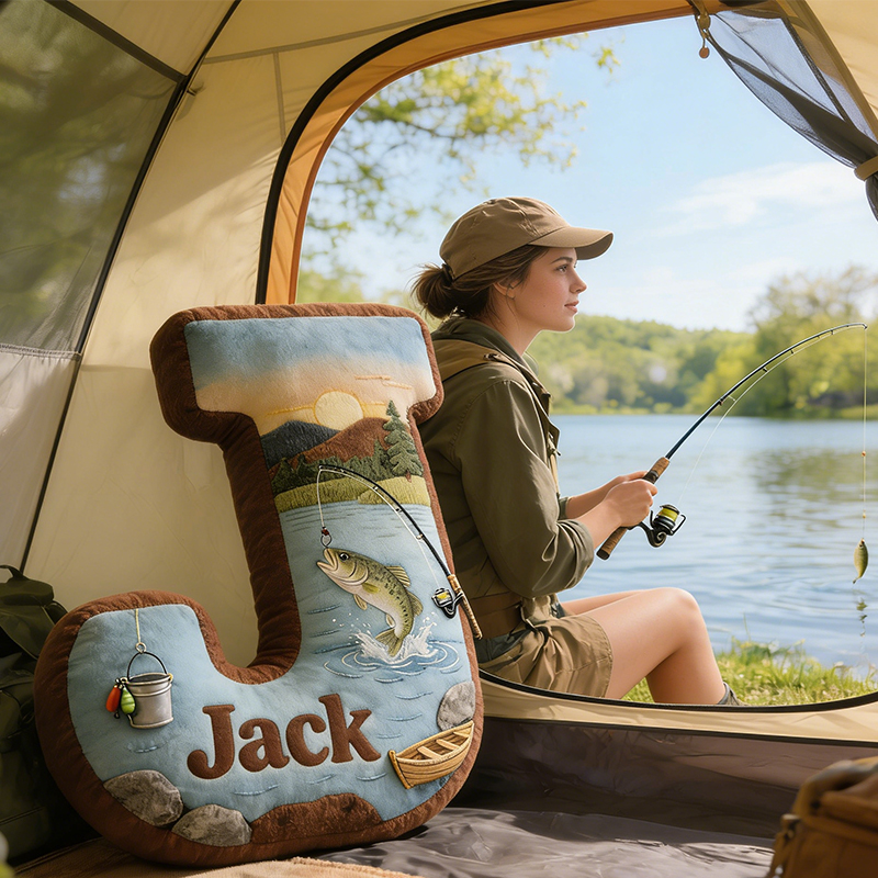 Personalized Fishing Letter Pillow with Custom Name Nature Themed Cushion for Outdoor and Fishing Lovers