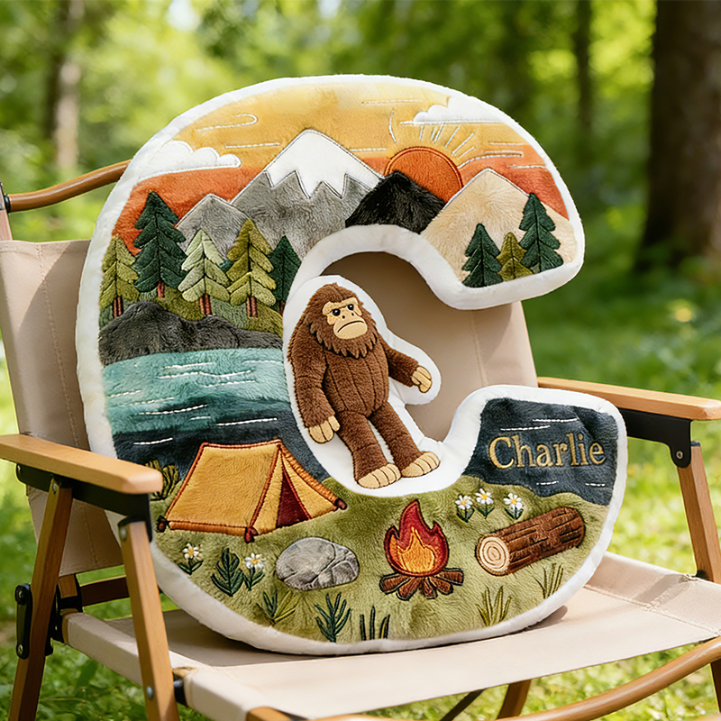 Personalized Sasquatch Camping Alphabet Initial Letter Pillow Gifts For Camping Lovers and Bigfoot Seekers