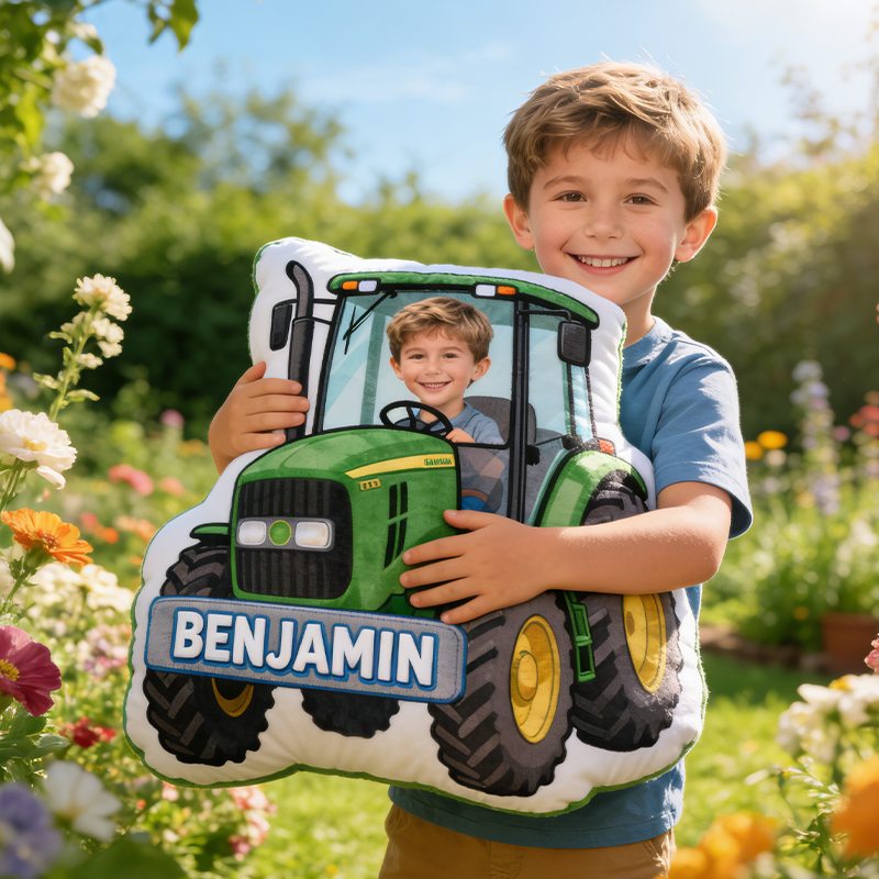 Personalized Tractor Pillow with Custom Name and Photo Cushion Gift for Kids 