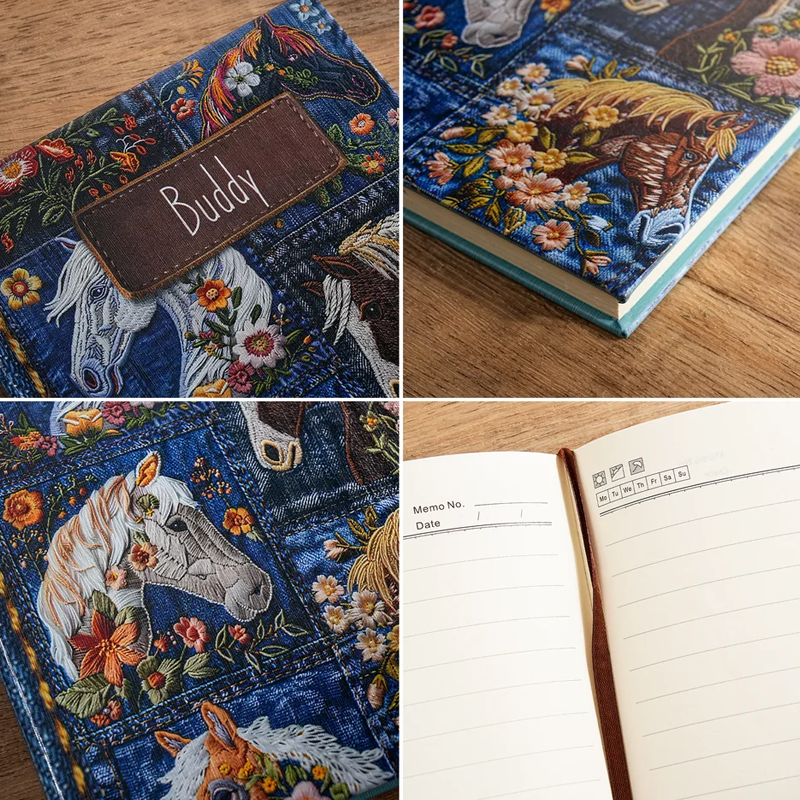 Personalized Faux Embroidered Horse Chicken Cow Flower Denim Journal Notebook with Text and 100 Lined Pages Daily Use Birthday Gift for Women