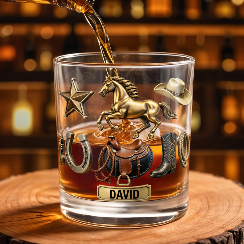 Personalized Classic Western Theme Horse and Cowboy Gear Personalized Custom Whiskey Glass Gift for Dad and Horse Lovers