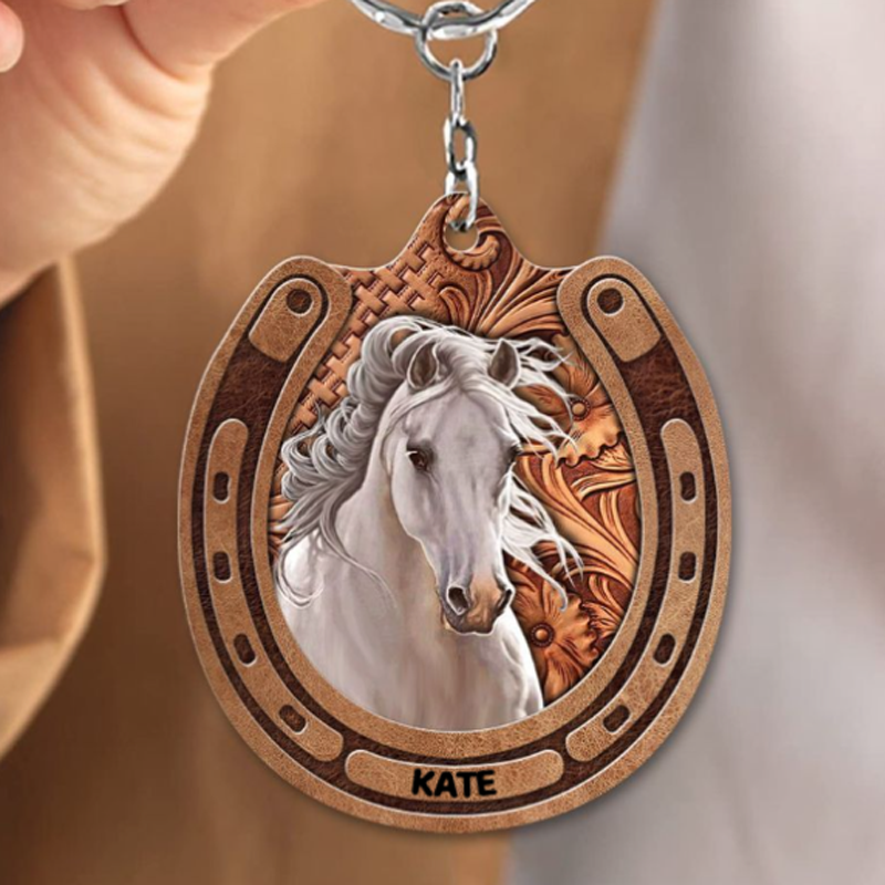 Personalized Love Horse Breeds Custom Name Leather Pattern Keychain Gift for Dad and Horse Lovers
