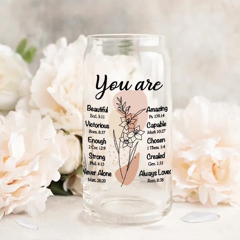 Personalized Birth Flower Bible Quotes Glass Cup with Lid and Straw Custom Text Coffee Cup Christian Inspirational Mother's Day Gift for Women 