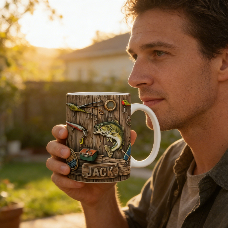 Personalized Fishing Mug Custom Wood Texture Lure Theme Ceramic Cup for Anglers  