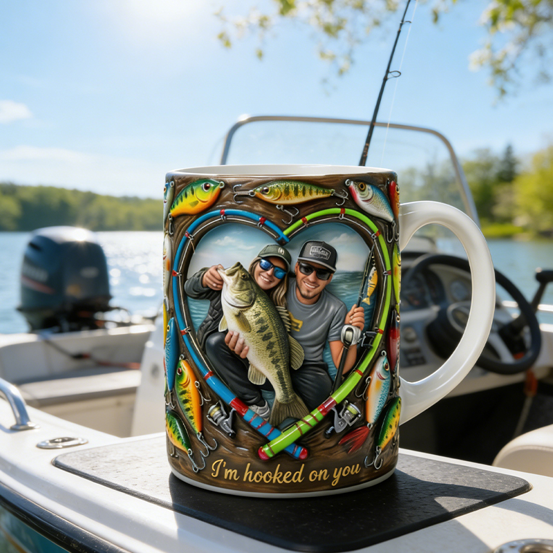 Personalized "I'm Hooked On You" Fishing Mug Custom Photo Gift for Angler Couples