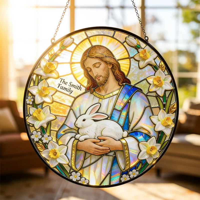 Personalized Christian Sun Catcher Jesus With Bunny Glass Suncatcher Ornament for Easter Window Display Unique Religious Gift