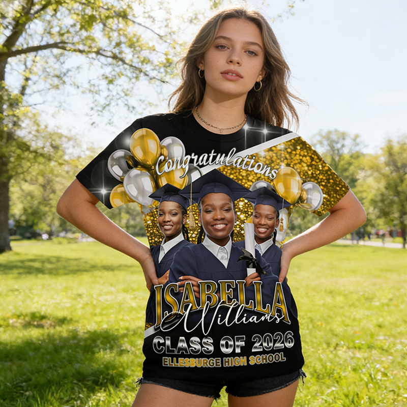 Personalized All Over Print Congratulations Grad Photo T-Shirt Custom School Name and Graduate Name Class of 2026 Shirt