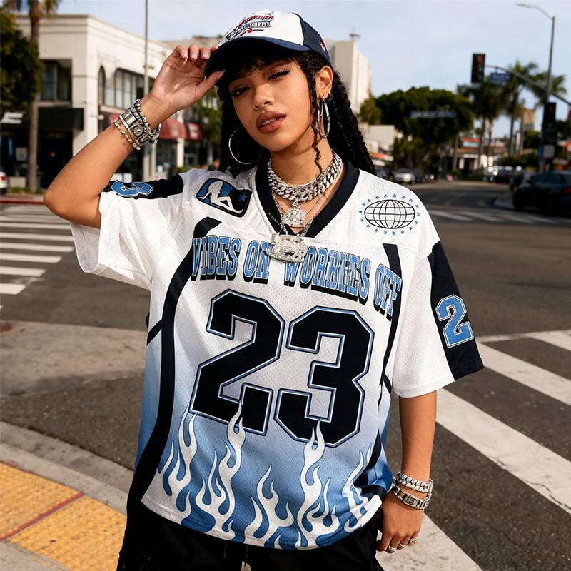 Personalized Vibes On Worries Off Mesh Football Jersey Custom Number Flame Design Streetwear Tee