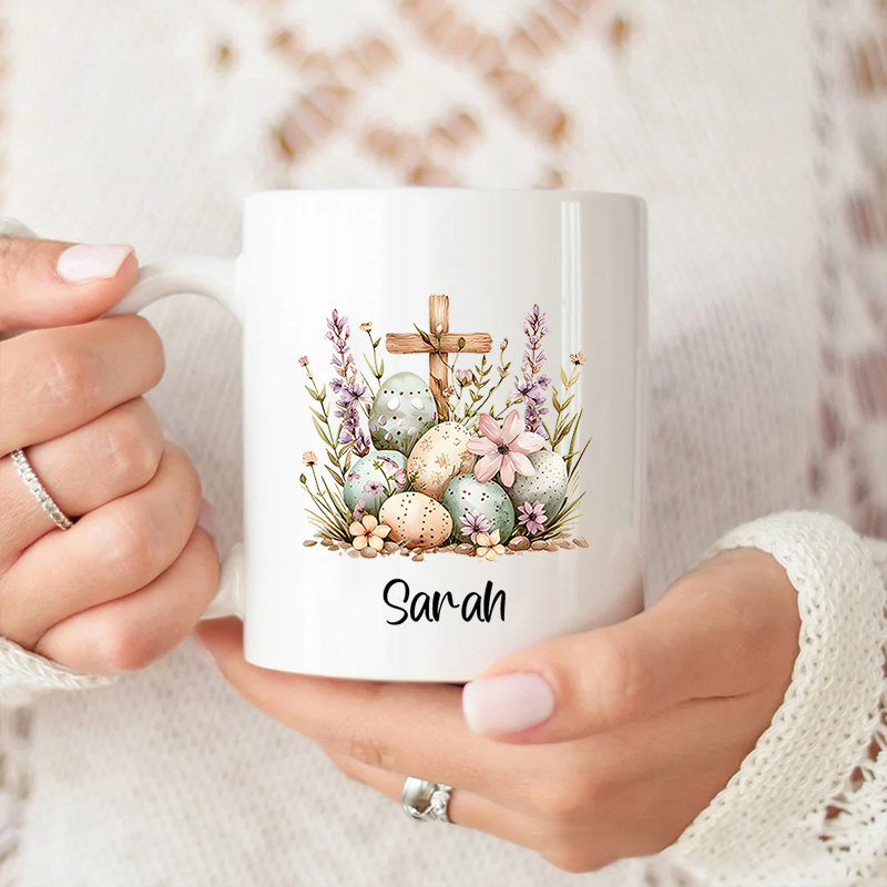 Personalized Colorful Eggs Floral Cross Ceramic Mug with Name Easter Gift Birthday Gift for Boys and Girls