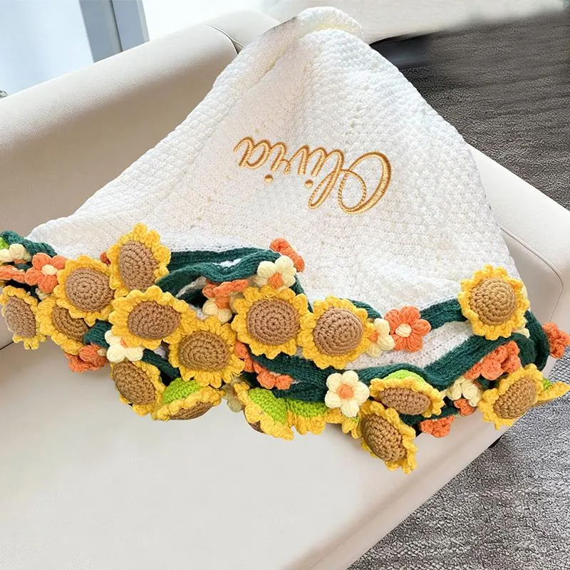 Personalized Crochet Sunflower Bouquet Blanket Custom Name Floral Edge Knit Throw for Her Anniversary Birthday Mother's Day Gift 