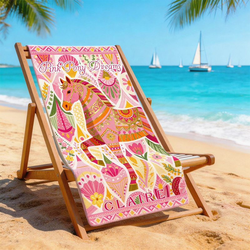 Personalized Pink Pony Beach Towel Custom Name Boho Horse Beach Towel for Girls 