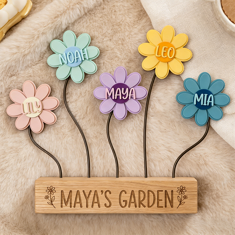 Personalized Family Flower Garden Decor  Custom Name  Wood  Sign  Gift for Mom  Grandma  Kids  Mother Day Home Table Decoration